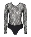 Pinko Chantilly Lace Long-sleeve Bodysuit In Black