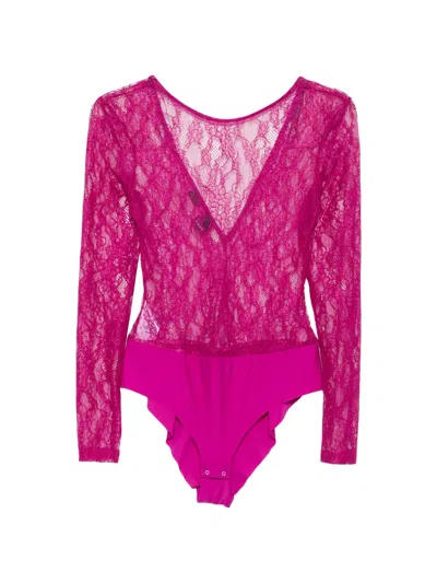 Pinko Chantilly-lace Long-sleeve Bodysuit In Pink