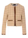 Pinko Crewneck Checked Pattern Leather Trim Jacket In Beis