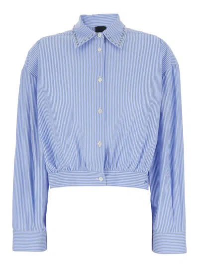 Pinko Charita Light Blue Shirt With Embellished Classic Collar And All-over Striped Motif In Cotton Woman