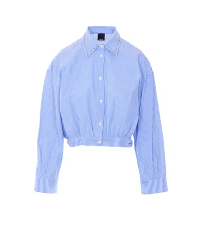 Pinko Charita Light Blue Shirt With Embellished Classic Collar And All-over Striped Motif In Cotton Woman