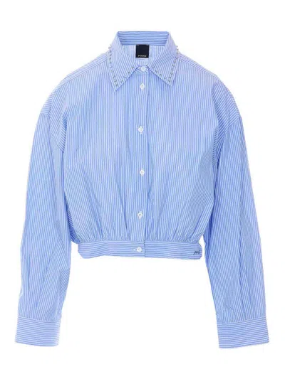 Pinko Charita Light Blue Shirt With Embellished Classic Collar And All-over Striped Motif In Cotton Woman
