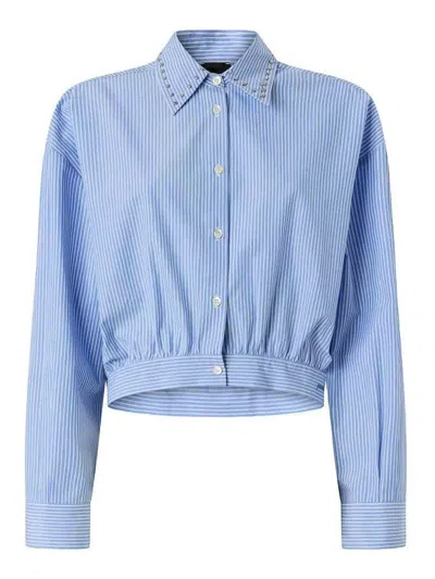 Pinko Charita Light Blue Shirt With Embellished Classic Collar And All-over Striped Motif In Cotton Woman