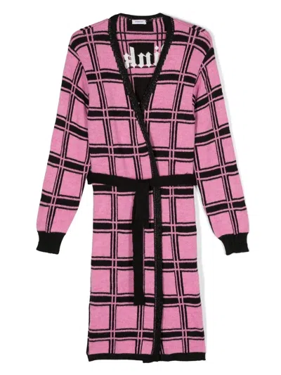 Pinko Kids' Check Print Belted Knitted Cardigan In Pink