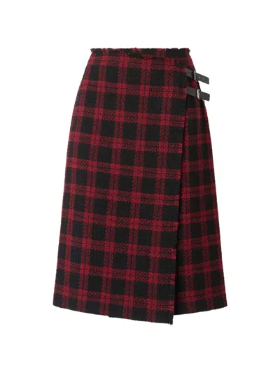 Pinko Asymmetric Wrap Skirt In Black And Red Tweed