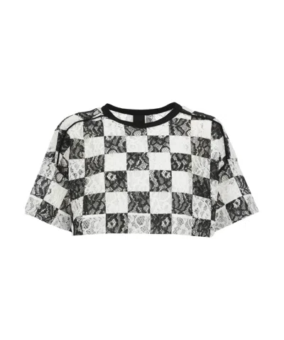 Pinko Checked Cropped Lace T-shirt In Multi