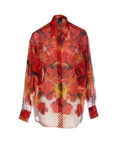 Pinko Shirt With Red Flower And Check Print In Multi