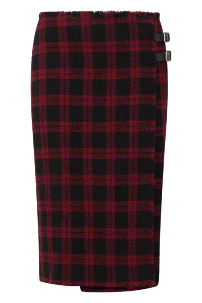 Pinko Checkered Plaid Midi Skirt With Side Zip In Red