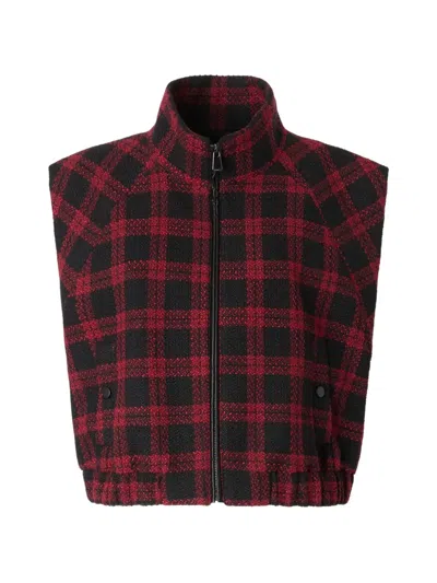 Pinko Cropped Red And Black Checkered Tweed Gilet With High Collar