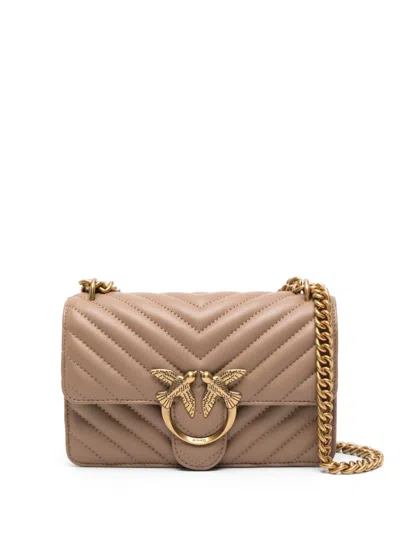 Pinko Chevron Quilted Handbag With Gold Emblem And Versatile Chain Strap In Neutral