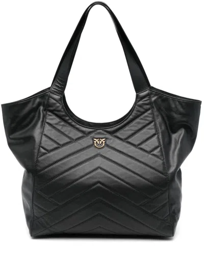 Pinko Logo Plaque Chevron Quilted Tote Bag In Black