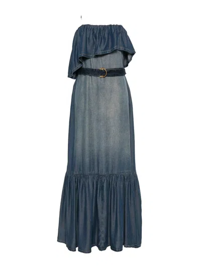 Pinko Chiarodiluna Long Dress In Denim With Belt In Blue