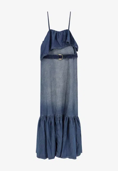 Pinko Chiarodiluna Ruffled Midi Denim Dress In Blue