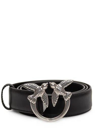 Pinko Chic Leather Belt In Nero Limousine Silver