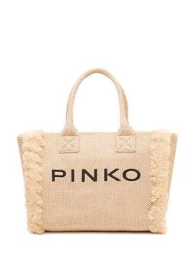 Pinko Chic Tote Bag With Logo In Paglia/nero-antique Gold