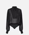 Pinko Chiffon And Poplin Bodysuit With Wide Sleeves In Black