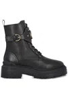 Pinko Chunky Platform Black Leather Boots With Decorative Buckle In Black