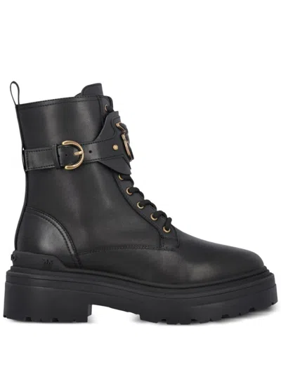 PINKO CHUNKY PLATFORM BLACK LEATHER BOOTS WITH DECORATIVE BUCKLE
