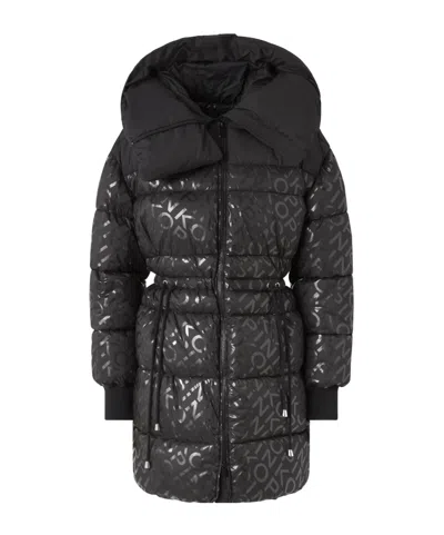 Pinko Technical Canvas Down Jacket With Logo Print In Black