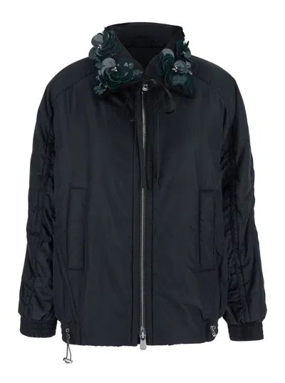 Pinko Clarinda Blue Jacket With Removable Sequin Collar And Drawstring Waist In Tech Fabric Woman