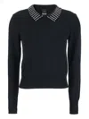 Pinko Classic Black Sweater With Embellished Collar And Ribbed Hem In Black