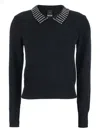 Pinko Black Polo Shirt With Crystal-decorated Collar And Logo Patch On The Back In Cashmere Woman In Black