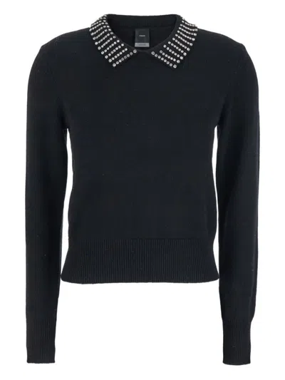 PINKO CLASSIC BLACK SWEATER WITH EMBELLISHED COLLAR AND RIBBED HEM
