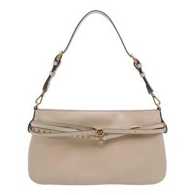 Pinko Classic Leather Shoulder Bag In Neutral