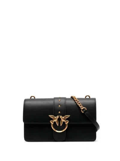 Pinko Love One Classic Black Crossbody Bag With Studded Strap And Love Birds Diamond Cut Plaque On The Fro