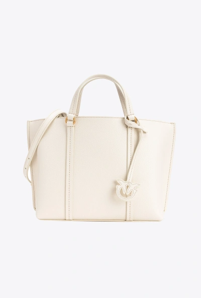 Pinko Classic Tumbled Leather Shopper Bag In White+white-antique Gold