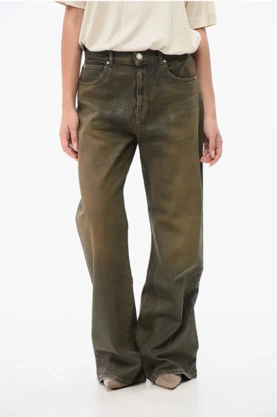 Pinko Coated Cotton Wide Leg Wanda Jeans 28cm In Green