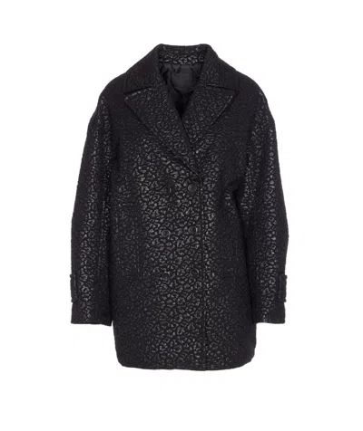 Pinko Double-breasted Leopard Print Coat Pockets In Black