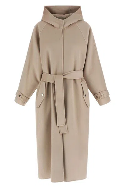 Pinko Long Hooded Coat Belted Waist Raglan Sleeves In Brown