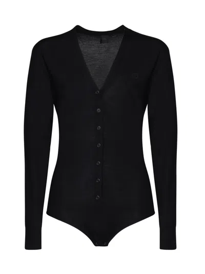 Pinko Collarino V-neck Wool Bodysuit In Black