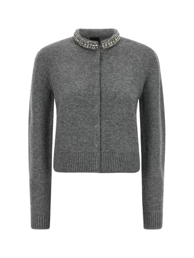 Pinko Wool-blend Slim-fit Jewel-embellished Cardigan In Gray