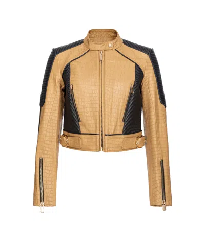 Pinko Croc-effect Cropped Leather Jacket In Camel/black