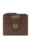 Pinko Compact Calf Leather Wallet With Gold-tone Emblem In Brown