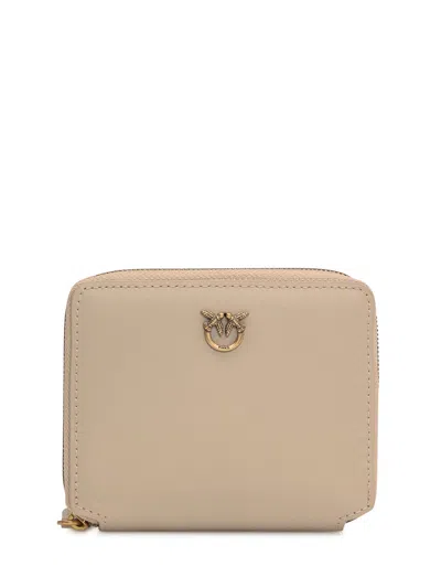 Pinko Compact Leather Wallet In Beige Grigio