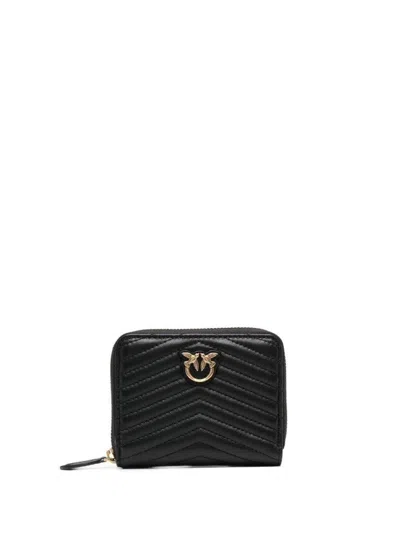 Pinko Compact Quilted Calf Leather Wallet With Gold Accents In Black