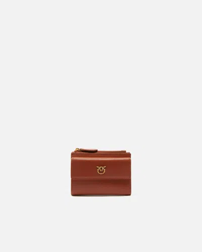 Pinko Compact Small Wallet In Smooth Leather With Logo In Arabo-antique Gold