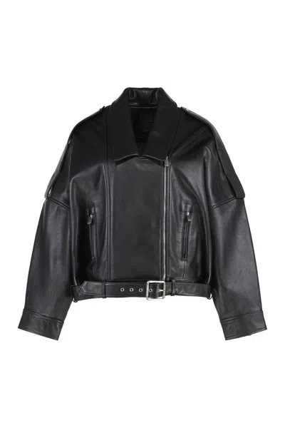 Pinko Confine Leather Biker Jacket In Black