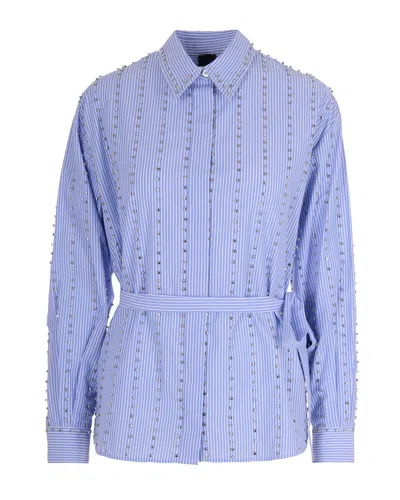 Pinko Contemporary Striped Cotton Shirt With Crystal In Blue