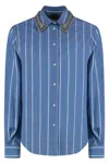 Pinko Striped Shirt With Embroidered Collar And Long Sleeves In Blue