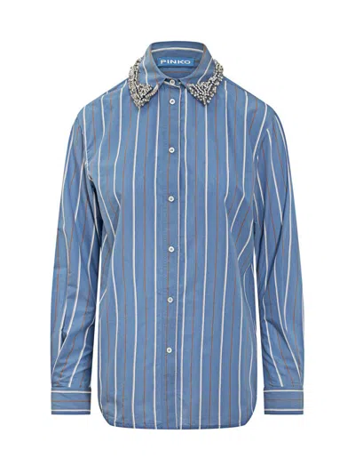 Pinko Striped Shirt With Rhinestone Embroidered Collar In Multi