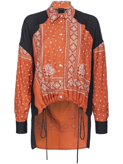 Pinko Contrasting Sleeve Orange Top With Intricate White Patterns In Marrone E Bianco