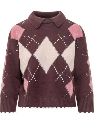Pinko Cork Polo Argyle Knit In Bordeaux Rosa