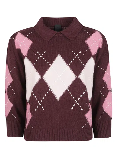 Pinko Cork Wool-blend Argyle Cropped Polo Knit In Multi