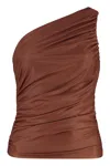 Pinko Draped One-shoulder Ruched Sleeveless Top In Brown