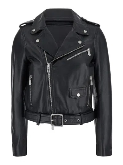 Pinko Leather Biker Jacket In Black