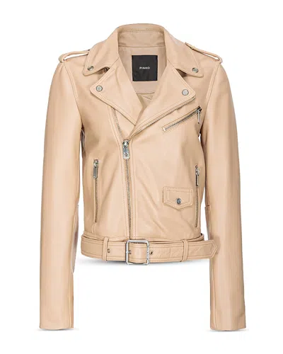 Pinko Costa Rica Leather Biker Jacket In Beige